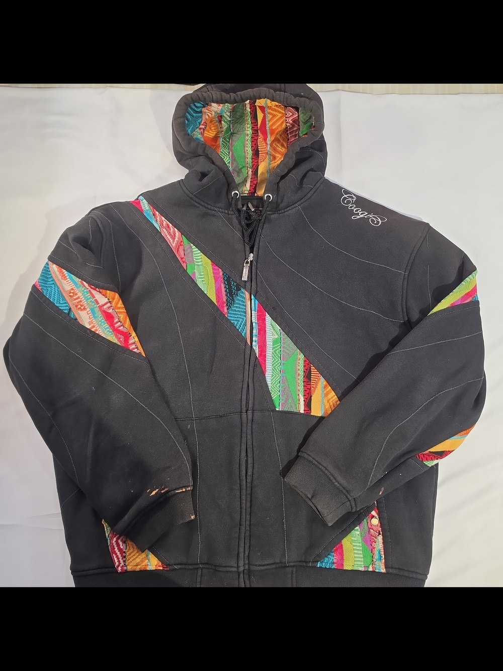 Coogi XL Vintage Black Hooded Zip Jacket with Multicolor Accent Stripes